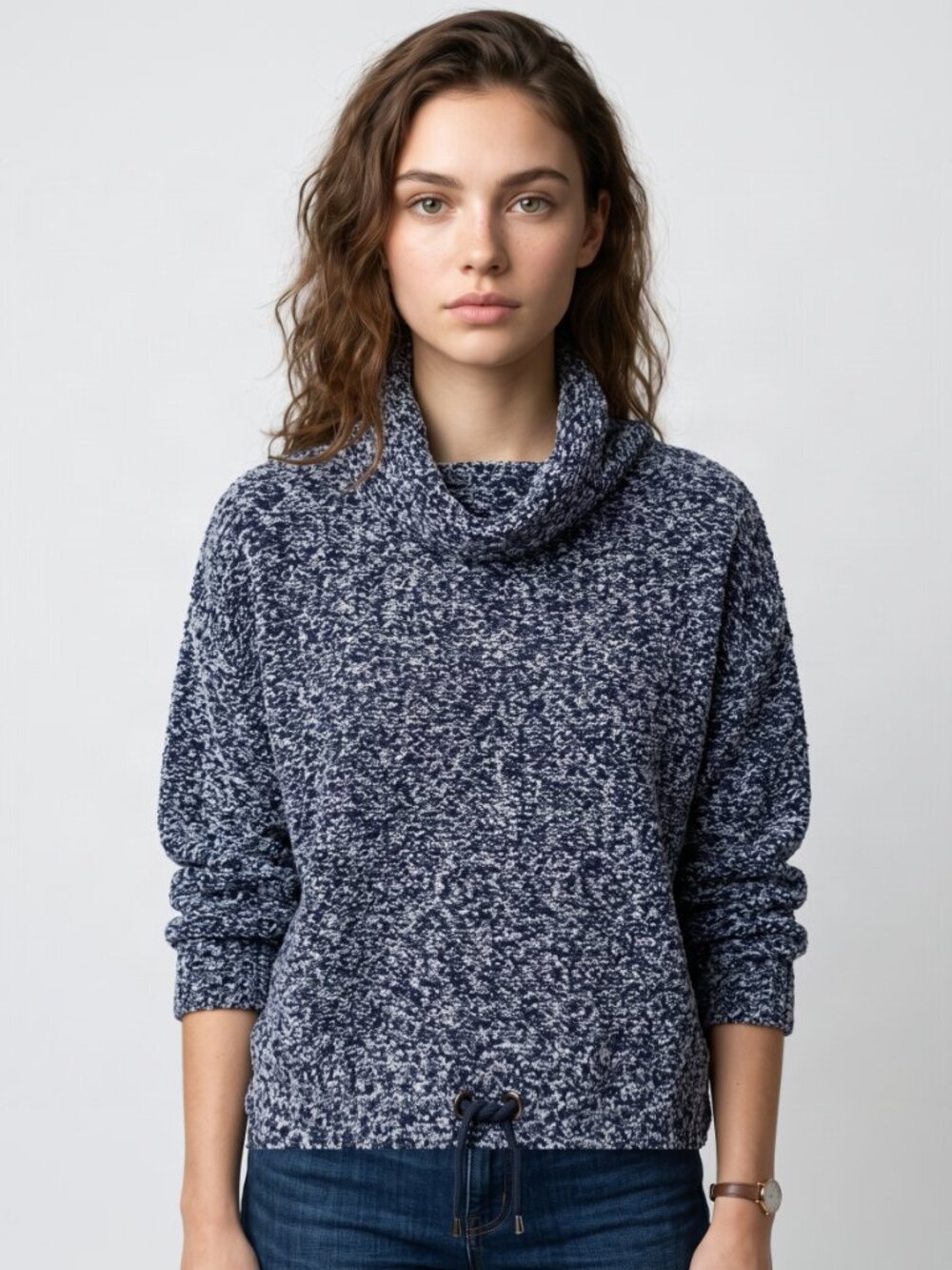 Joe Fresh Navy Blue and White Pouch Pocket Turtleneck Sweater Drawstring Hem